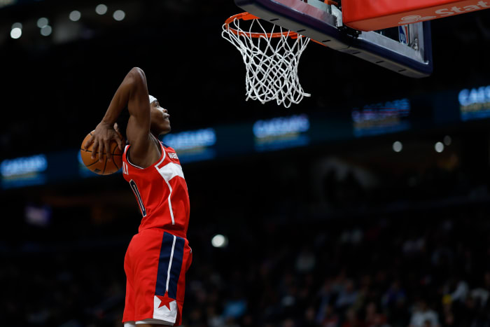 Washington Wizards guard Bilal Coulibaly (0) dunks the ball against the Milwaukee Bucks in the second quarter at Capital One Arena.